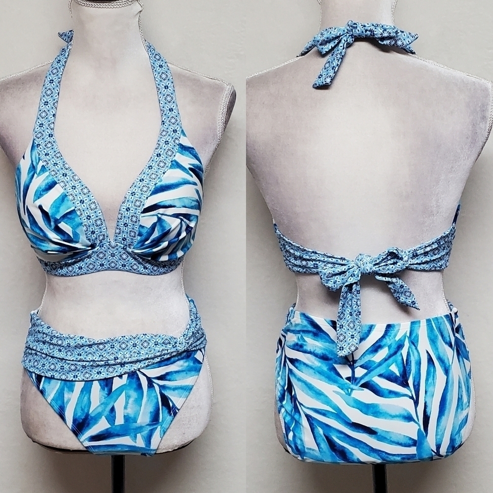 Sweet Escape Blue Leaf Floral Paisley Padded Halter Top Roll Top Bottom Bikini 8
